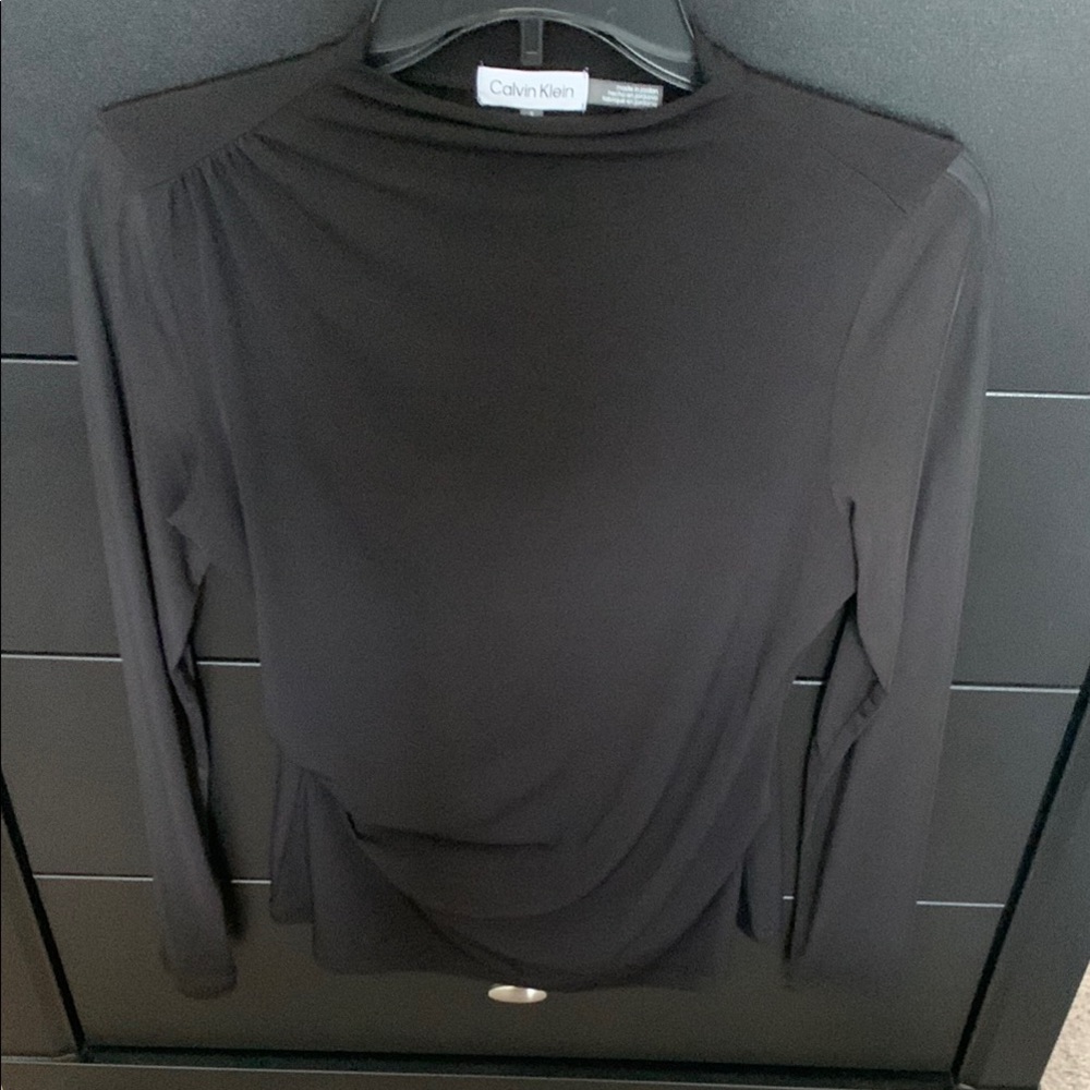 Calvin Klein black Fitted Long Sleeve Blouse with Mandarin Collar